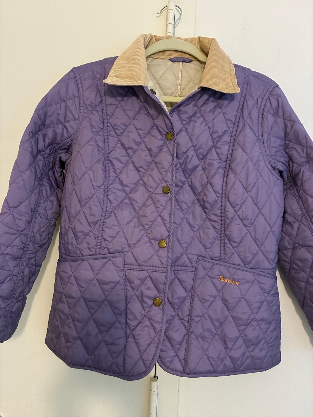 Barbour Purple Quilted Puffer Jacket with Tan Corduroy Collar 8 EUC